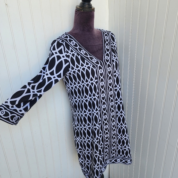Mud Pie Tunic Dress Black White Geometric Print V Neck Balloon Sleeve Shif S 4-6 - Picture 4 of 10